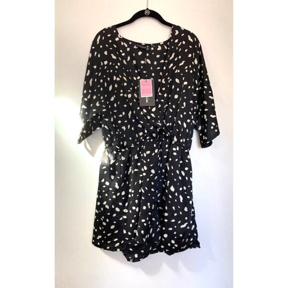NWT PrettyLittleThing Black Dalmation Wrap Playsuit Romper Size 12 - Picture 3 of 6